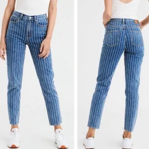 American Eagle Women’s Jeans Pinstripe Mom White Stripe 100% Cotton Blue Size‎ 2 thumbnail 2