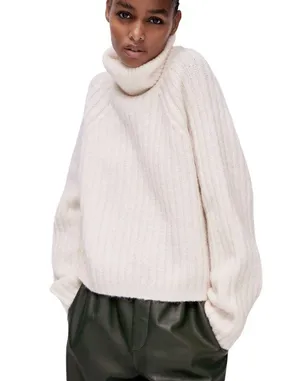 Zara Cream Light Pink Wool Alpaca Blend Ribbed Knit Turtleneck Sweater Medium thumbnail 15