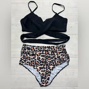 High Waisted Printing Front Criss Cross Cutout Bandage Bathing Suit with Bottom thumbnail 2