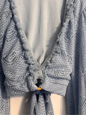 Buckle’s Willow & Root Chambray Blue Crochet Fringed Boho Bell Sleeve Crop Top M thumbnail 5