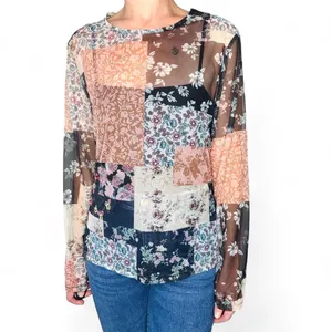 Colorful Floral Patchwork Boho Sheer Long Sleeve Shirt thumbnail 8