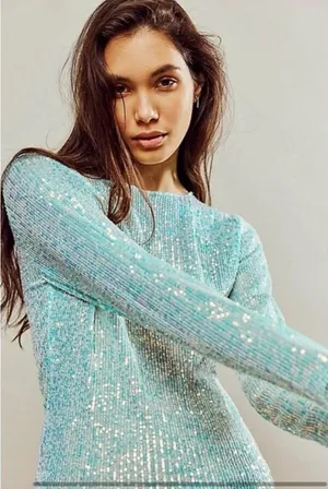 Free People Gold Rush long-sleeve iridescent sequin top in a light blue shade XL thumbnail 1