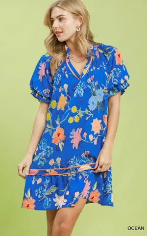 Umgee Floral Ruffle Hem Mini Dress - Ocean - Small thumbnail 1