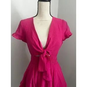 Hello Molly Pink Tiered Ruffle Mini Dress Small Tie Front Smocked Boho Romantic thumbnail 3