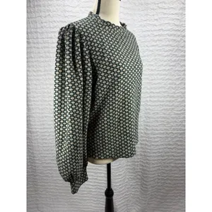 Maeve by Anthropologie Green Geometric Knit Puff Sleeve Mock Neck Top Medium thumbnail 2