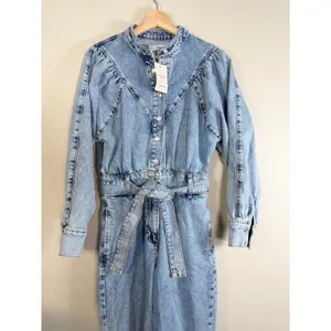 MNG Denim Jumpsuit Women's‎ XS Light Wash Tie Waist Button Front Western NWT thumbnail 3
