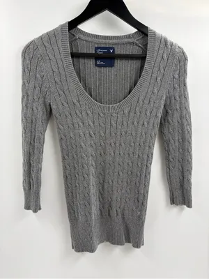 American Eagle y2k 90s 2000s grey long sleeve cable knit sweater size small thumbnail 1