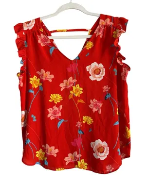 LOFT Women's Orange Red Lily Bar Back Shell Floral Flutter‎ Sleeve Blouse Size M thumbnail 1