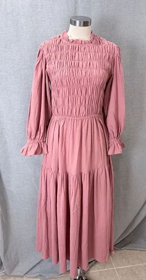 BALILN Dusty Pink Linen Maxi Dress Smocked Long Puff Sleeve Tiered Boho XL thumbnail 1