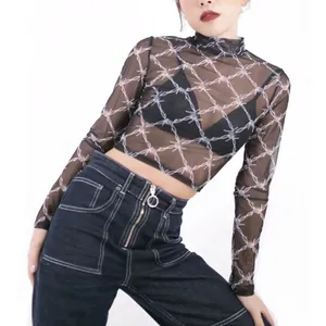 Women Mesh Tee Shirt Femme Long Sleeve Top thumbnail 5