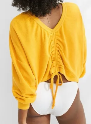 Aerie Yellow Terry Cloth Cinched Reversible Pullover Sweater Women’s Size Small thumbnail 1