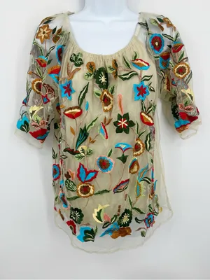 Scully Floral Boho Embroidered Blouse Size Large Whimsical Fairycore thumbnail 1