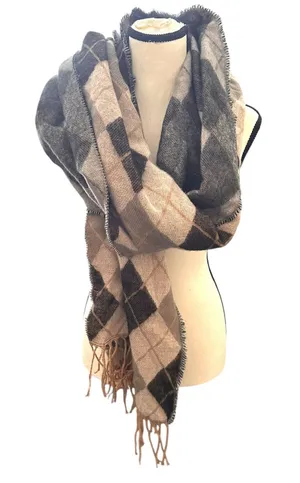 ZARA Plaid Fringe Acrylic‎ Scarf Brown Medium thumbnail 1
