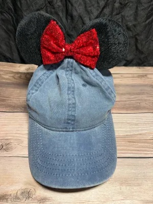 Mouse Ears Blue Denim Baseball Hat Minnie Red Bow thumbnail 2