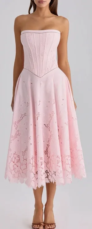 NEW HOUSE OF CB Belissa Strapless Broderie Anglaise Midi Pink Dress sz XS thumbnail 1