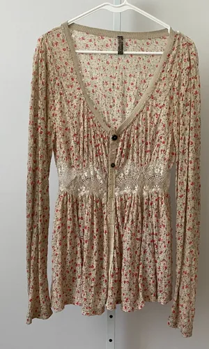 Free People Cotton Y2K Fairy Peasant Babydoll Floral Lace Cardigan Top XS Beige thumbnail 1