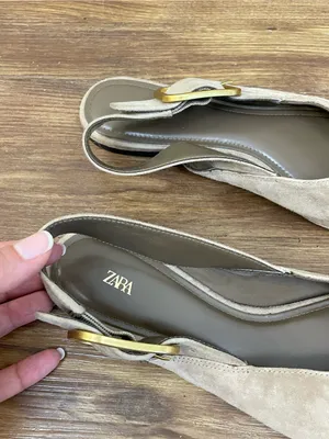 Zara‎ Suede Pointed Toe Slingback Flats in Beige with Gold Buckle Size 38/7 thumbnail 5