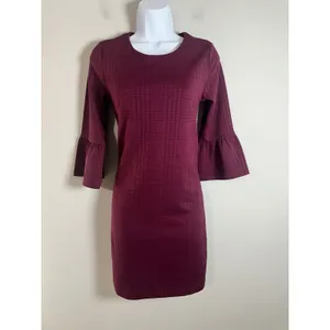 Banana Republic Women XS Burgundy Textured Plaid Bell Sleeve Shift Dress‎ 359076 thumbnail 2