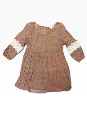 Umgee Boho Tunic Top Large Orange Blue Crochet Lace Bell Sleeve Babydoll thumbnail 3