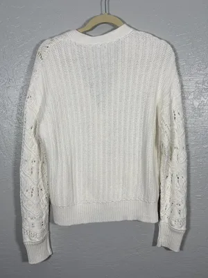 Sundance Women M White Hand Knit Cardigan Sweater 100% Cotton Cable Knit Pockets thumbnail 5