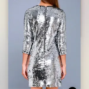 Lulus Main Event Silver Sequin 3/4 Sleeve Sheath‎ Dress MEDIUM thumbnail 4
