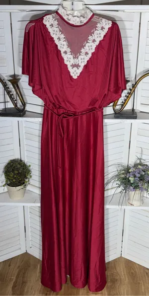 Vintage 70s maxi dress sheer lace neck flutter sleeves Greek Goddess Ren Fair L thumbnail 1