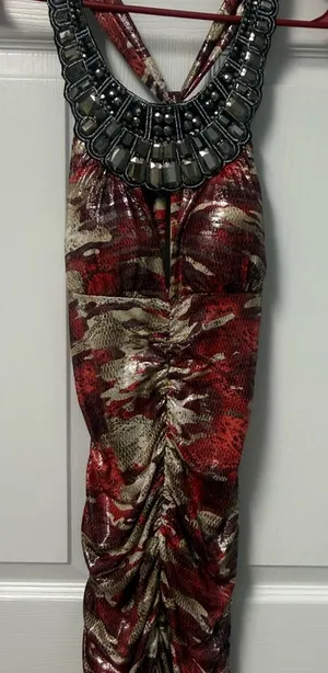Red Patterned Ruched Mini Dress with Embellished Halter Neck thumbnail 1
