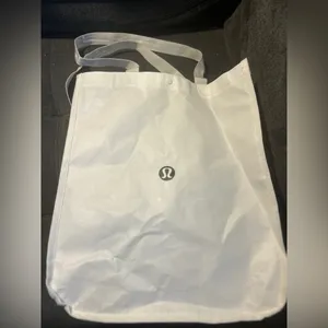 Lululemon Reusable Shopping Tote Bag White Black Logo Snap Closure Small Medium thumbnail 2