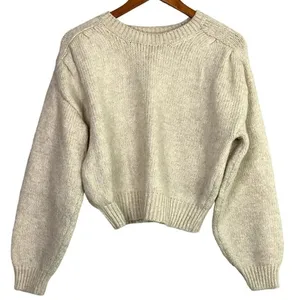 ZARA Cropped Ribbed Hems Long Sleeve Crew Neck Chunky Knit Sweater Small Cream thumbnail 1