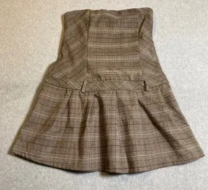 Kirious Plaid Mini Dress Women's XL Brown Strapless Pleated Smocked Preppy‎ EUC thumbnail 1