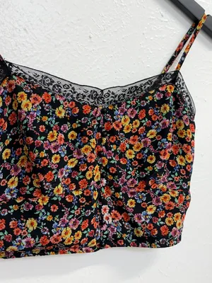Papaya Floral Black Lace Trim Cami Crop Top Womens Small thumbnail 4