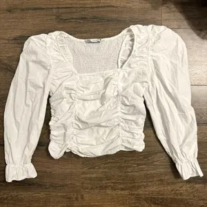 Zara White Poplin Ruched Smocked Balloon Sleeve Crop Top thumbnail 5