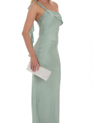 Lucy in the Sky Satin One Shoulder Tassel Maxi Dress in Sage Green thumbnail 2