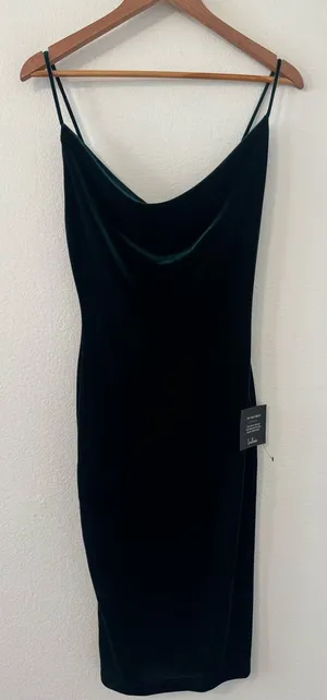 Lulu's Jazzy Belle Dark Green Velvet Bodycon Midi Dress Cowl Neckline NWT Small thumbnail 1