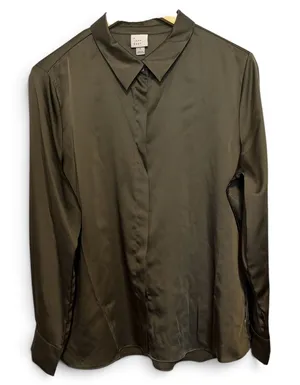 A New Day Olive Green Satin Long Sleeve Button Down Blouse Large L thumbnail 1