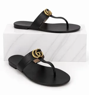 Gucci Black Leather Thong Sandal Gold Double G Logo Size 36.5 thumbnail 1
