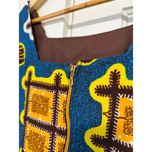 African Wax Print Fit and Flare Dress Blue Yellow Geometric Square Neck thumbnail 11