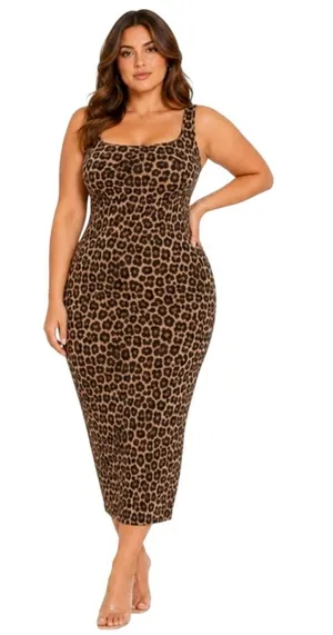 Naked Wardrobe Sculpt Midi Leopard Print Dress Plus Size 3X Brown NW New thumbnail 1