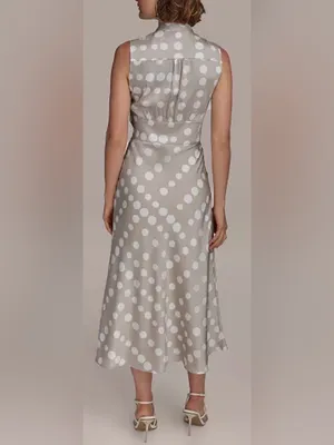 NEW Donna Karan Polka Dot French Twill Scarf Tie Neck Sleeveless Midi Dress 10 thumbnail 4