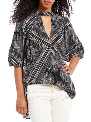 💋Free People Black Printed Choker Keyhole Blouse Medium NWT thumbnail 2