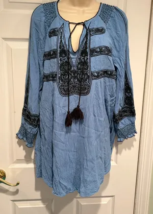 Free People Blue Embroidered Tunic Top‎ S Boho Peasant Tassel Mini Dress Blouse thumbnail 1