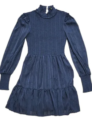 Lulus Womens Navy Blue Smocked Long Sleeve Mini Dress Size XSMALL Romantic Prepp thumbnail 4