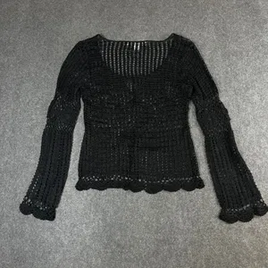 Bette Paige Black Crochet Cardigan XL Bell Sleeve Scallop Hem Boho Whimsigoth thumbnail 2