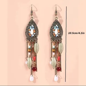 Boho Vintage Style Beaded Fringe Dangle Chain Feather Earrings *Faux Fashion Je thumbnail 5