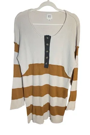 BDG Womens Ivory Brown Tunic Sweater Dress‎ Sz Large Henley Striped Ribbed Knit thumbnail 1