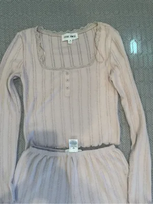 Pink Rose Ribbed Button-Front Long Sleeve Top & Shorts Sleep Set - Light Pink thumbnail 4