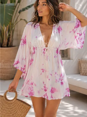Raviya Petunia Pink Yellow Tie Dye Rayon Swim Cover Up Tunic Beach Vacation thumbnail 1