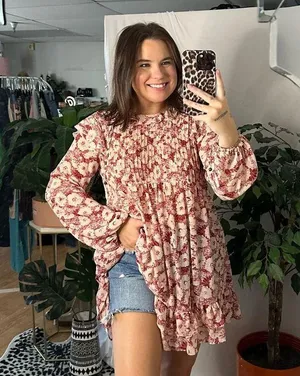 Free People These Dreams Red Floral Print Pleated Mini Dress in Tea Combo thumbnail 5