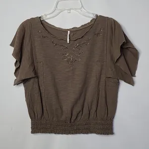 Free People slub embellished green gray crop top blouse sz Small thumbnail 2