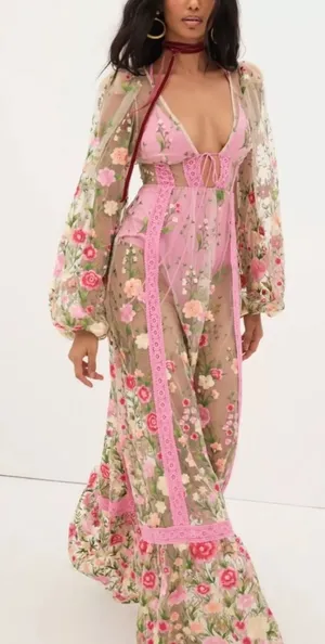 For Love & Lemons Luna Embroidered Floral Tulle Maxi Dress Ethereal Small New thumbnail 1